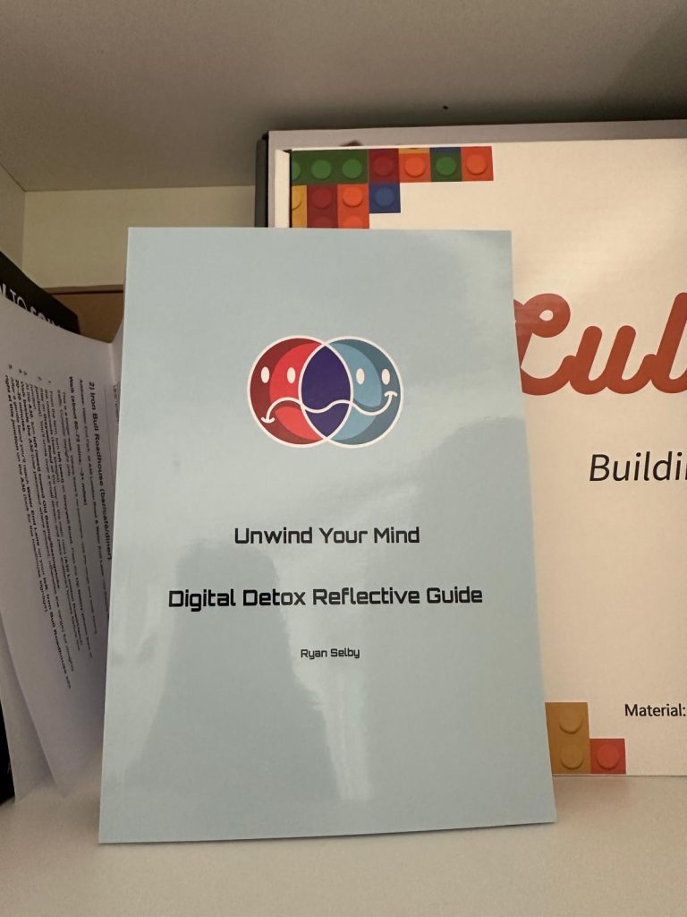 Printed pamphlet showcasing Unwind Your Mind branding, telling about the digital detox retreat in Hampshire.