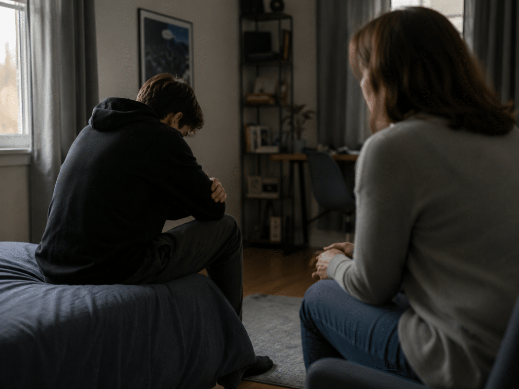 A teenager sitting alone looking frustrated, with a parent nearby unsure how to help