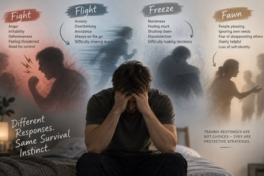 Illustration of the fight, flight, freeze and fawn responses around a person with their head in their hands