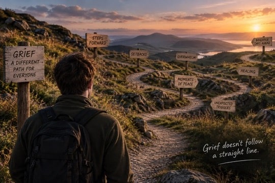 A person looking out over a winding hillside path at sunset