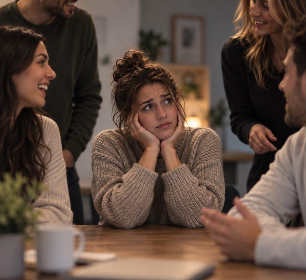 A young woman looking uneasy at a table while the people around her talk